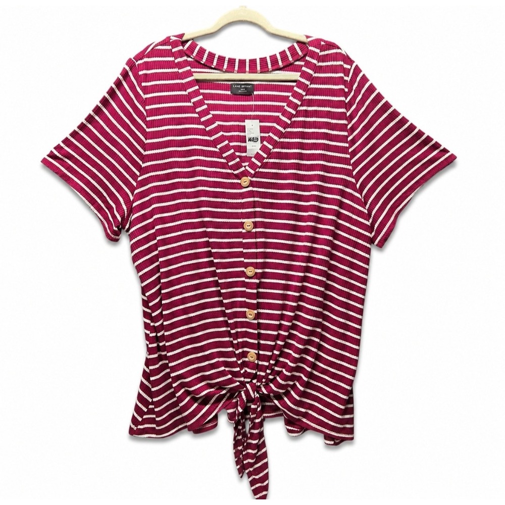Lane Bryant Striped Tie Front Button Top 26/28 Burgundy White Waffle Knit SS NWT